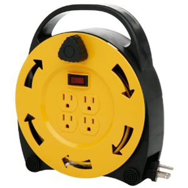 Southwire Incandescent Work Light Reel, with Metal Housing, 14/3 25' Cord, Outlet in Handle, Metal Cage E251